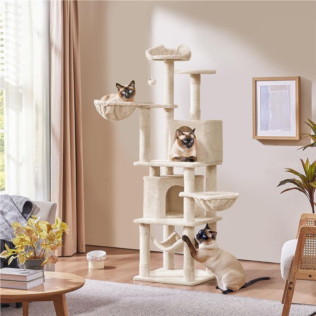 Yaheetech Kratzbaum 175 cm hoch, mit Sisal-Säulen, Plattformen, Korb, Hängematte, Plüschball, für 3-4 Katzen, Beige