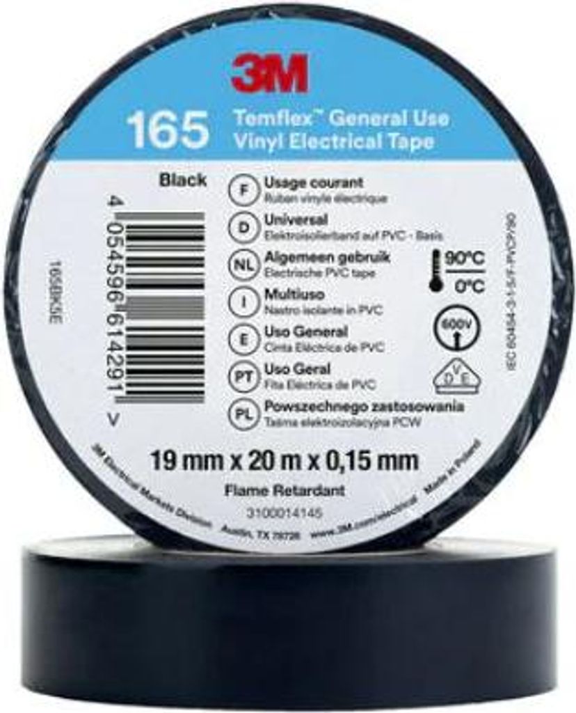 Schwarzes Isolierband 19 mm x 20 m PVC Temflex 165 3M 7100184800