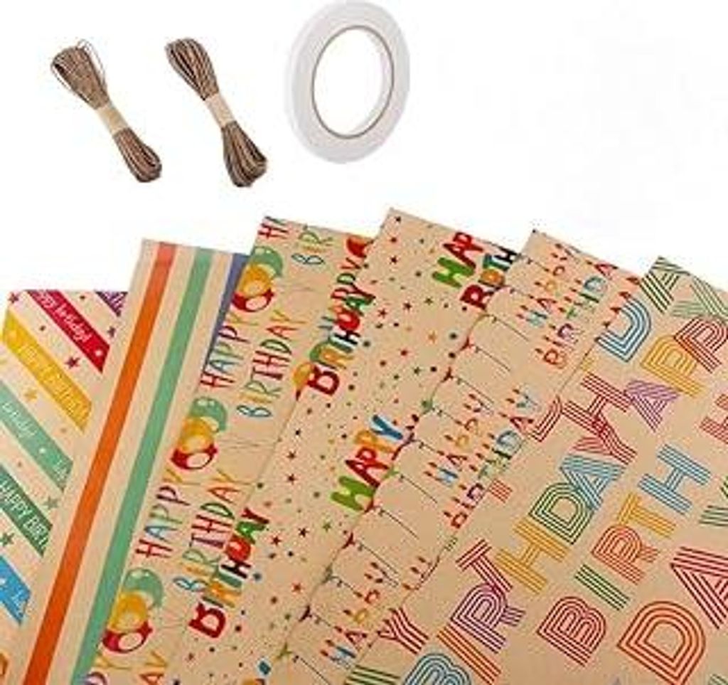 6STK Geschenkpapier Geburtstag mit Kordel, Geburtstagspapier Recycelbares Kraftpapier mit Ballon & Konfetti Motiven Happy Birthday Geschenkpapier (...