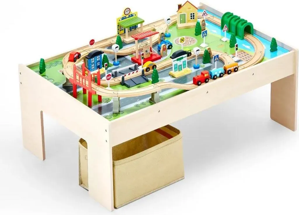 Table d'activités en bois 84 pièces avec circuit de train complet 3-en-1