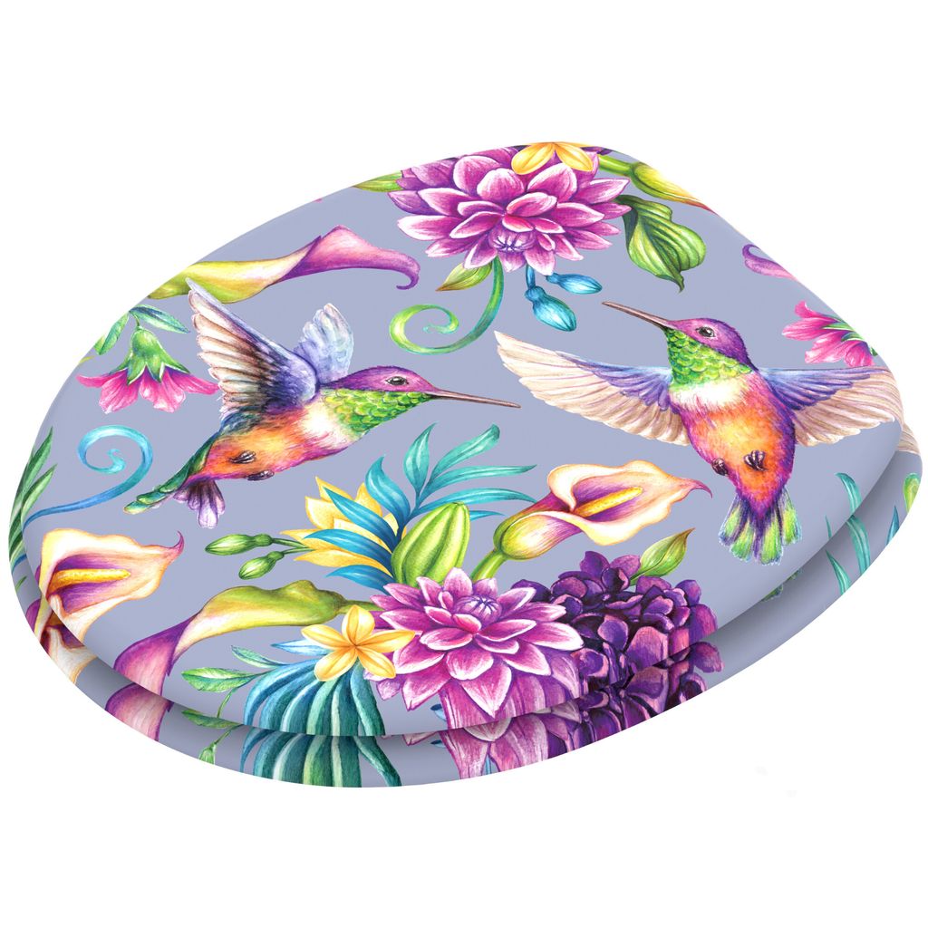 A toilet seat with a hummingbird and floral pattern.