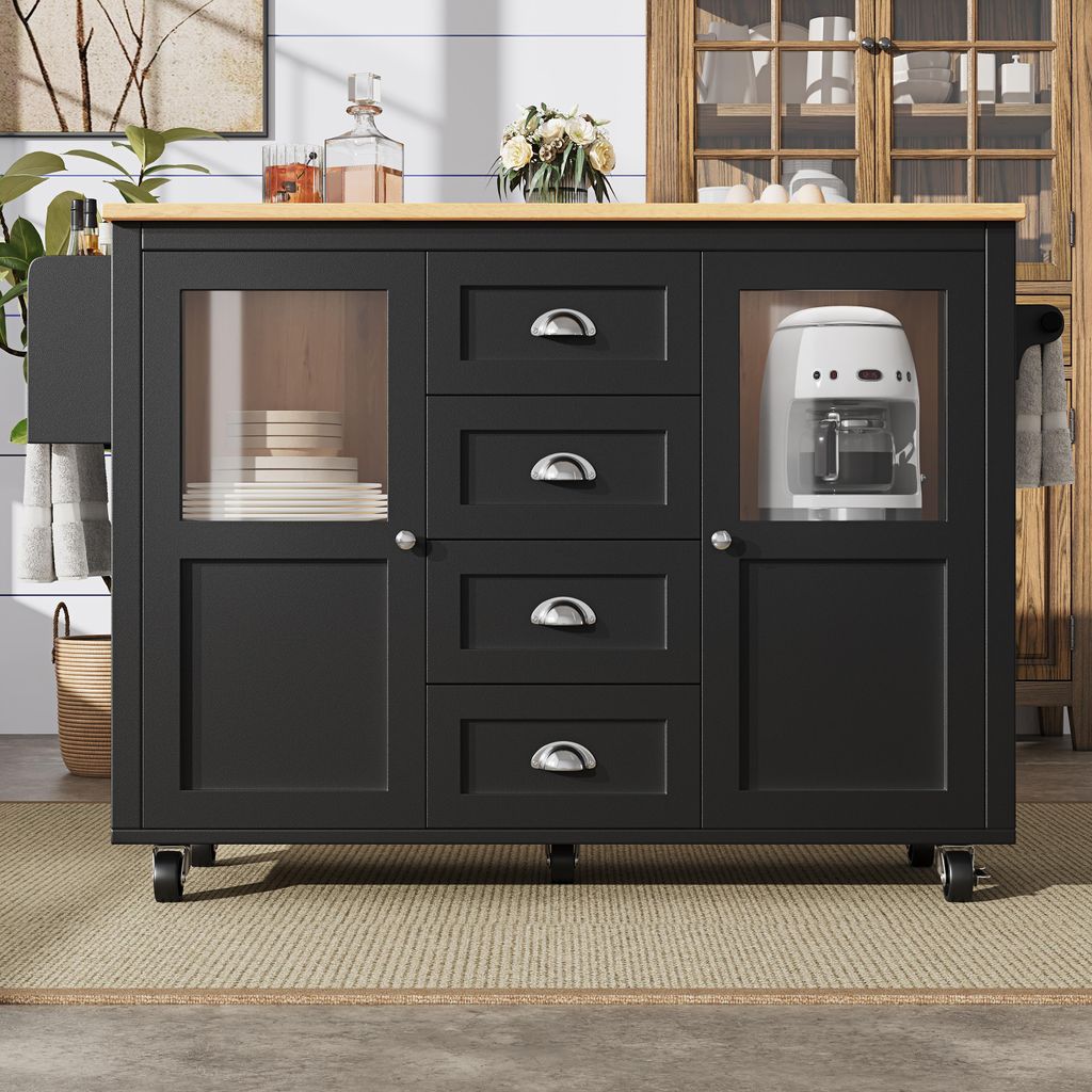 Flieks Servierwagen mit klappbarer Arbeitsplatte, moderne Kücheninsel 120x45-73x93 cm, multifunktionaler Speisewagen mit Glastür, schwarz