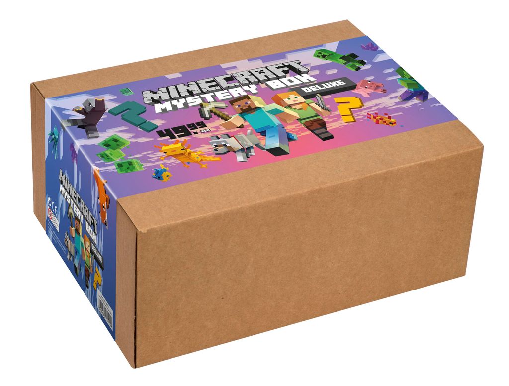 A Minecraft Deluxe Mystery Box with colorful branding and characters from the game.