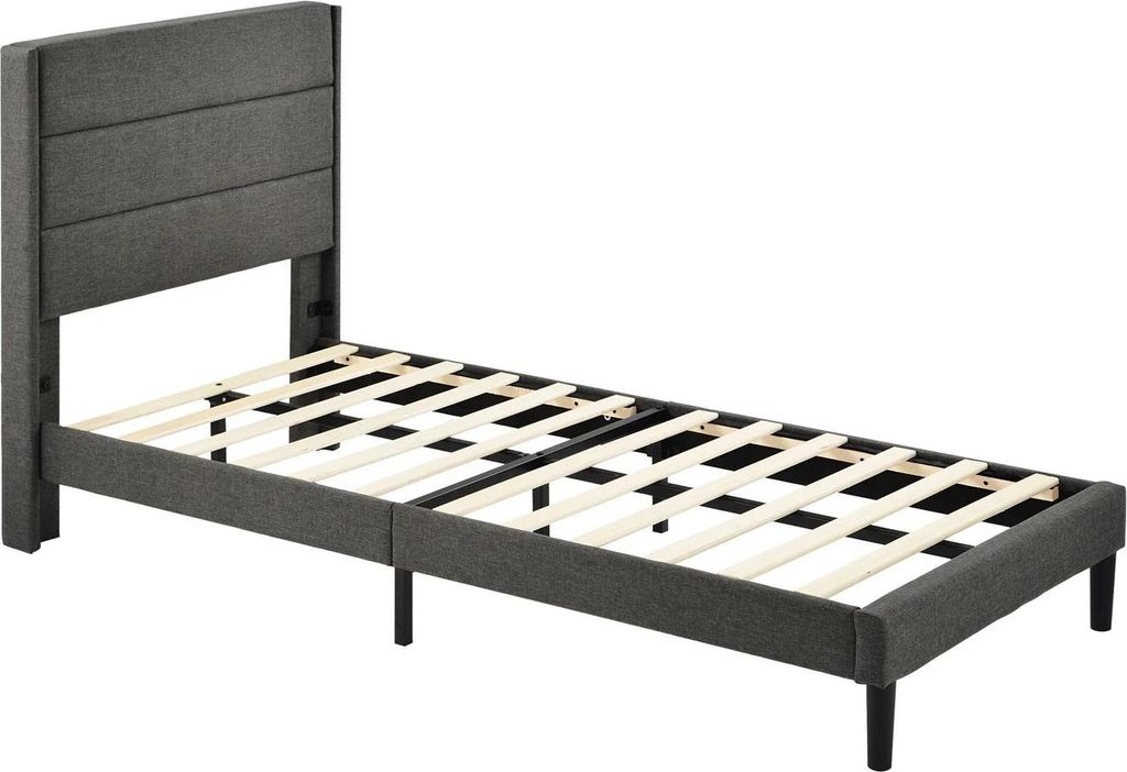 Polsterbettgestell 90x200 cm - Einzelbett - Leinenstoff - Kopfteil mit Lamellen - Modernes Design - Ohne Stauraum - Dunkelgrau
