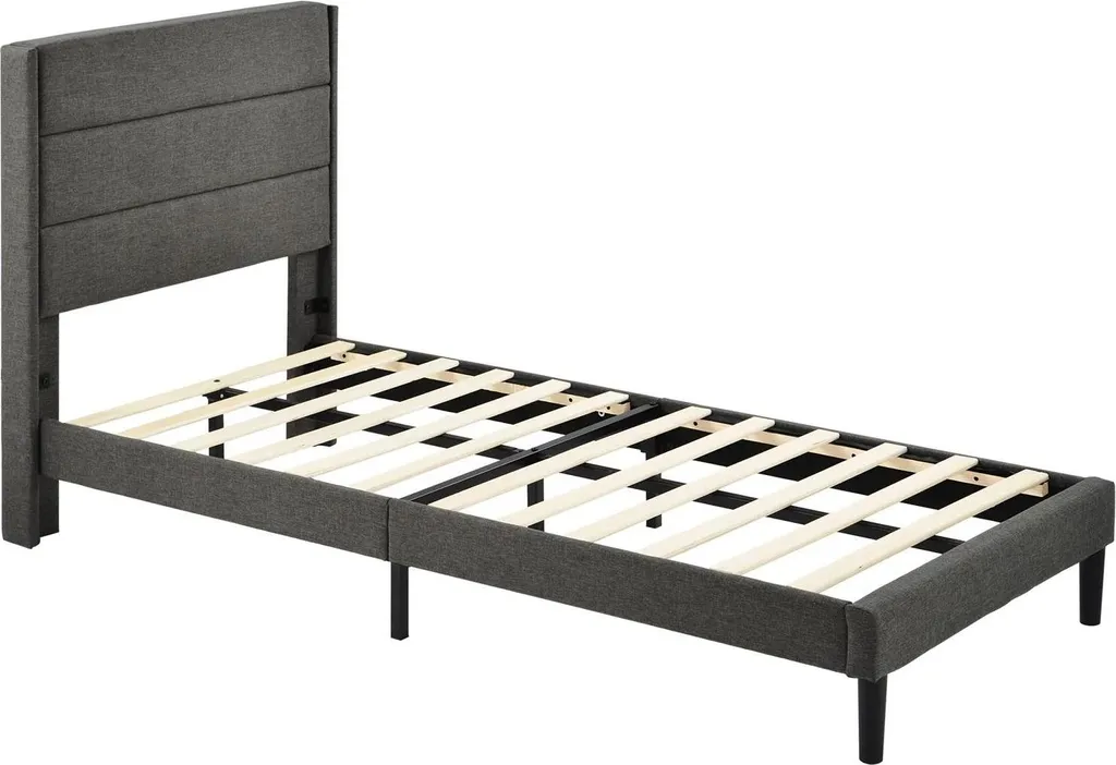 Lit une place 90x200 cm gris foncé, sommier tapissé lin pour ado et adulte