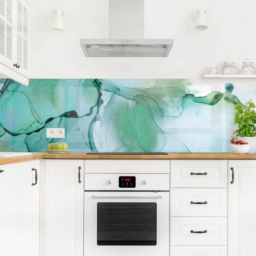 Küchenrückwand originell selbstklebend - 0.65 mm Wandpaneel wasserfest Design türkis Aquarell Abstrakt Spritzschutz fugenlos