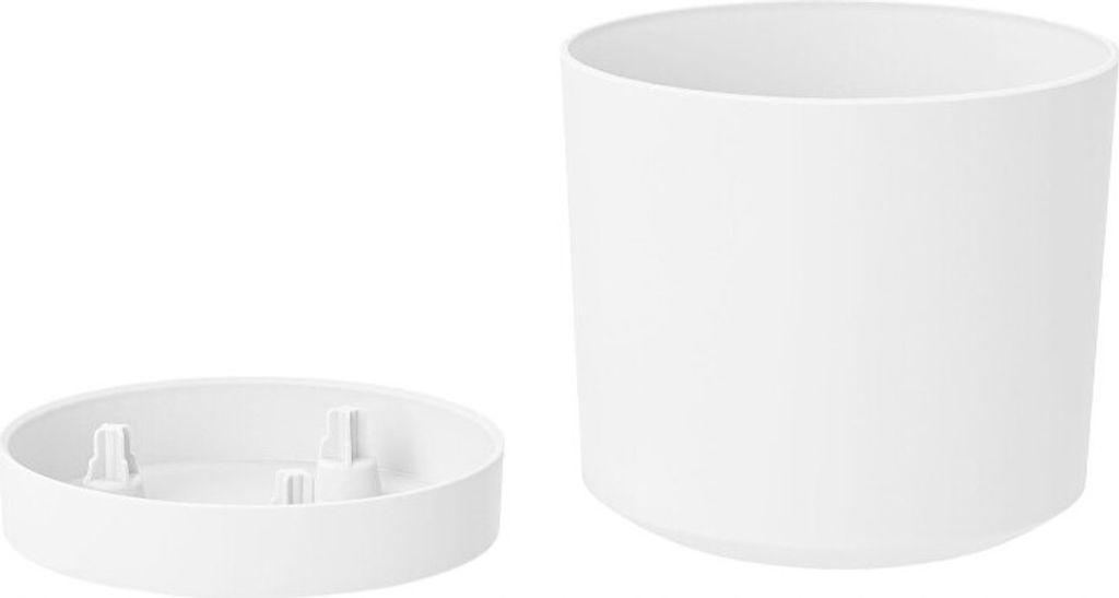 A white cylindrical pot and its separate white saucer are displayed against a white background.