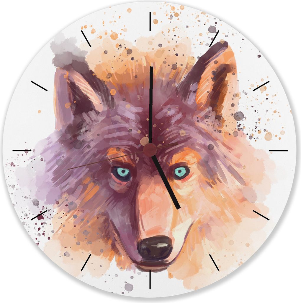 Wolf in Wasserfarbenoptik Wanduhr aus Alu