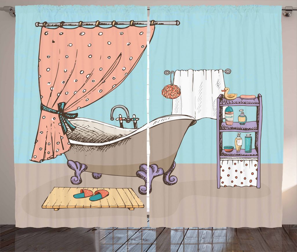 ABAKUHAUS Karikatur Rustikaler Gardine, Badezimmer-Wanne Illustration, Schlafzimmer Kräuselband Vorhang mit Schlaufen und Haken, 280 x 245 cm, Meh...