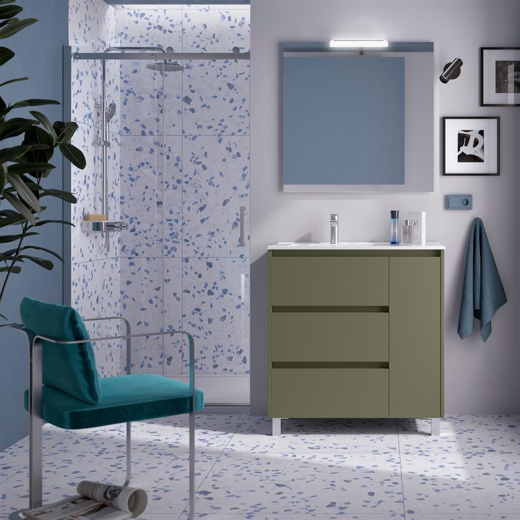 Noja Komplett-Set 850 3 Schubladen und 1 rechte Tür Green Satin + Waschtisch + Spiegel + Leuchte