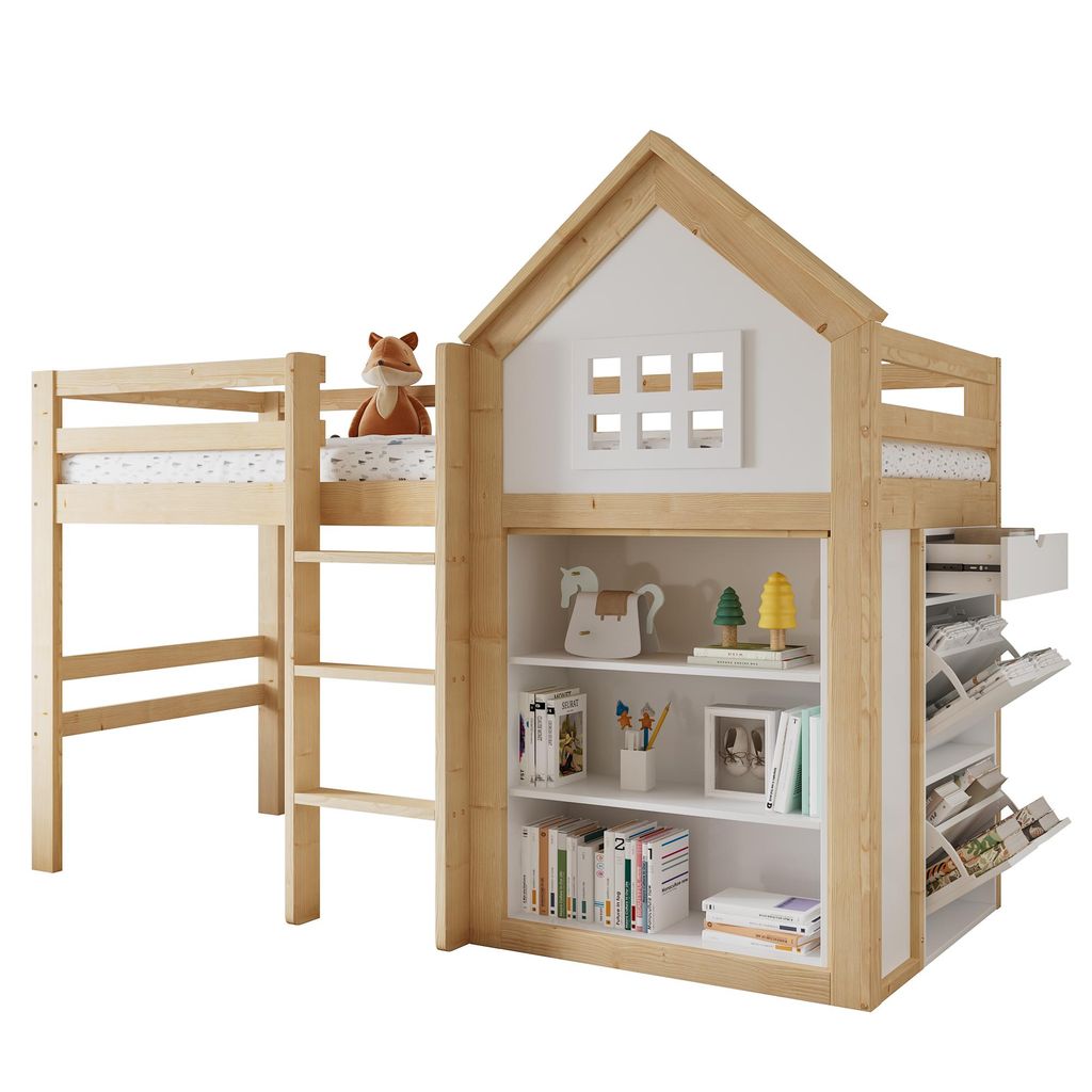 Hochbett mit Bücherregal, Stauraum, Lattenrost und Leiter, 90x200 cm, Schrank mit 2 Klappen und 1 Schublade, Kinderbett mit Rausfallschutz, Kiefer