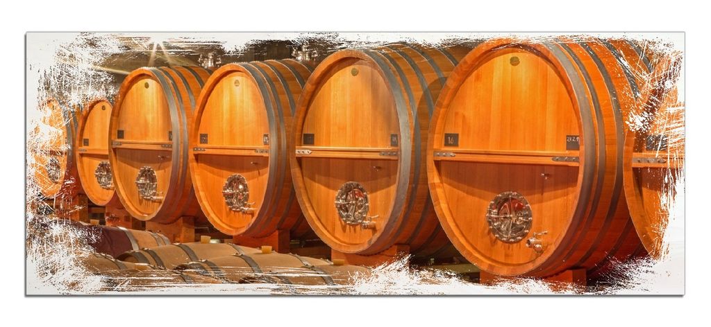 Wallario Kunstdrucke Wandbilder Holz in : Brillante Farben, Größe 50 x 125 cm Motiv Weinkeller mit alten Holzfässern