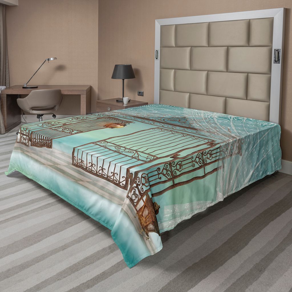 ABAKUHAUS Retro Bettlaken, Old Gate und Vorhang Zusammensetzung auf karierten Boden Digital Computer Graphics, weiches bequemes oberes Bettlaken f...