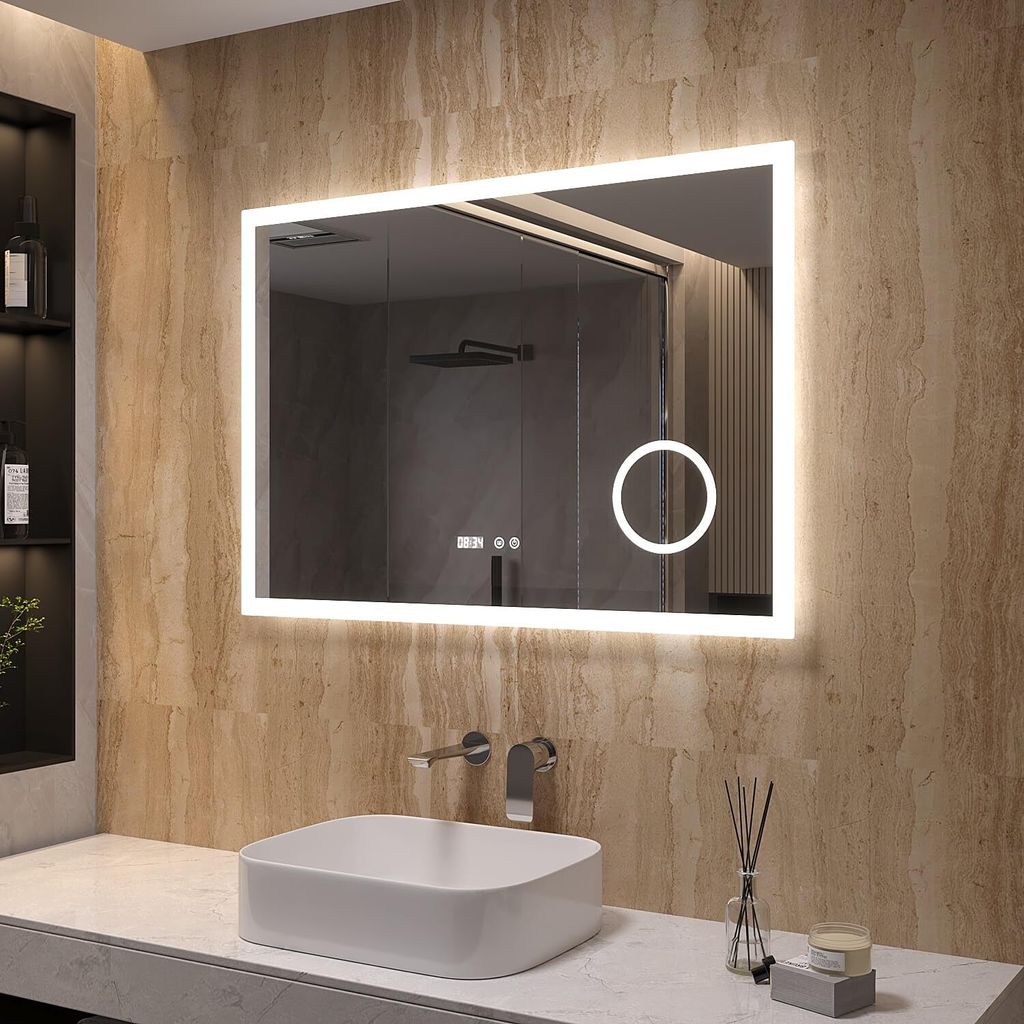 AQUABATOS 100x70 cm Badspiegel mit Beleuchtung badezimmerspiegel Lichtspiegel LED Wandspiegel, Touch-Schalter Dimmbar + Kaltweiß 6400K + Schmink...