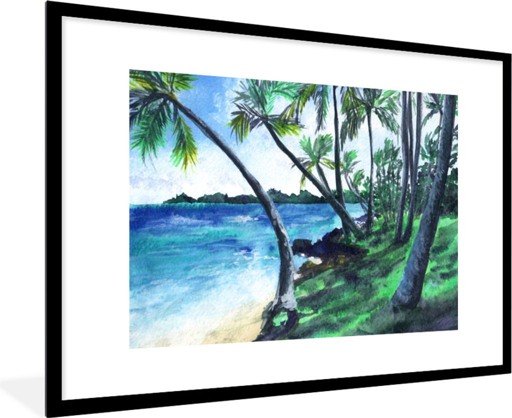 MuchoWow MuchoWow Gerahmtes Poster Aquarell - Strand - Palme 90x60 cm - Poster mit zchwarzem Bilderrahmen - Wanddekoration - Fotos