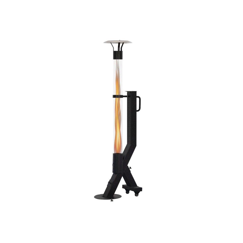 A black outdoor heater with a visible flame inside a glass tube, set against a white background.
