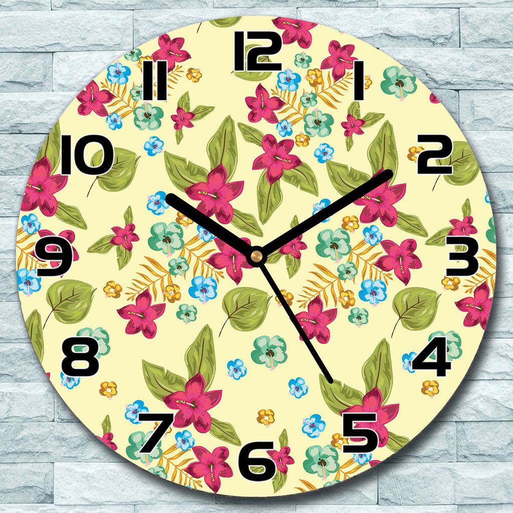 Wanduhr aus Glas Rund fi 30 Tropische Blumen Quarz Deko Schlafzimmer Büro