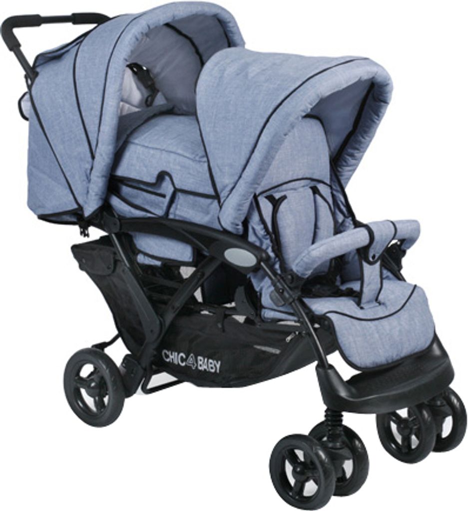 A double stroller is shown against a white background.
