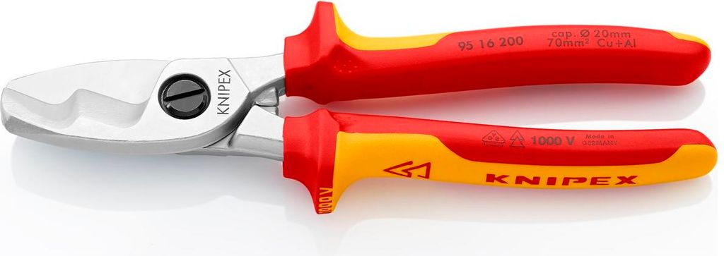 KNIPEX Kabelschere mit Doppelschneide 200mm, 95 16 200 SB Werkzeug verchromt, Griffe isoliert mit Mehrkomponenten-Hüllen, VDE- (95 16 200 SB)