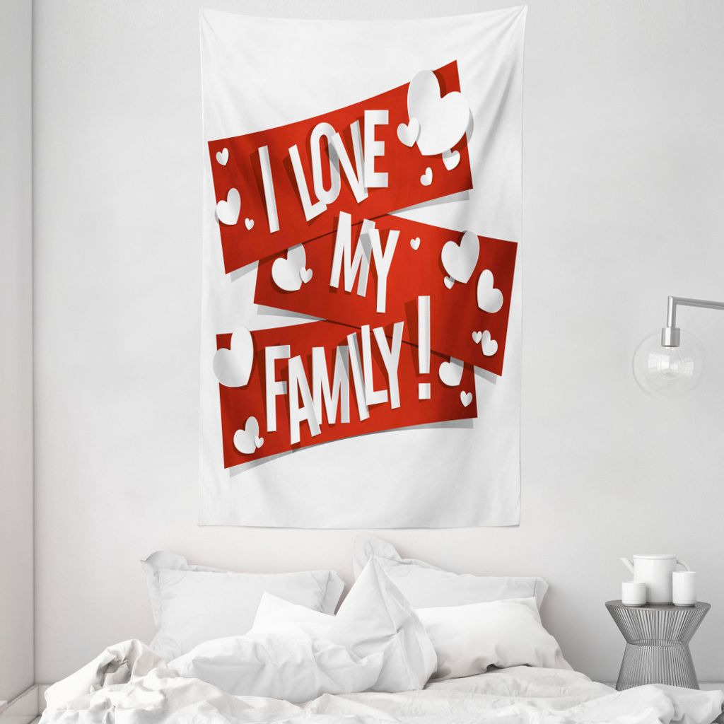 ABAKUHAUS Rot und weiß Wandteppich und Tagesdecke, Familie Liebe Herz aus Weiches Mikrofaser Stoff Waschbar ohne Verblassen Digitaldruck, 140 x 23...