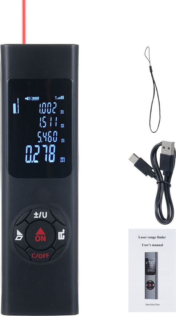 50M Laser-Entfernungsmesser, IP54 Wasserdicht, misst Entfernung, Fläche, Volumen, Pythagoras, mit LCD-Hintergrundbeleuchtung