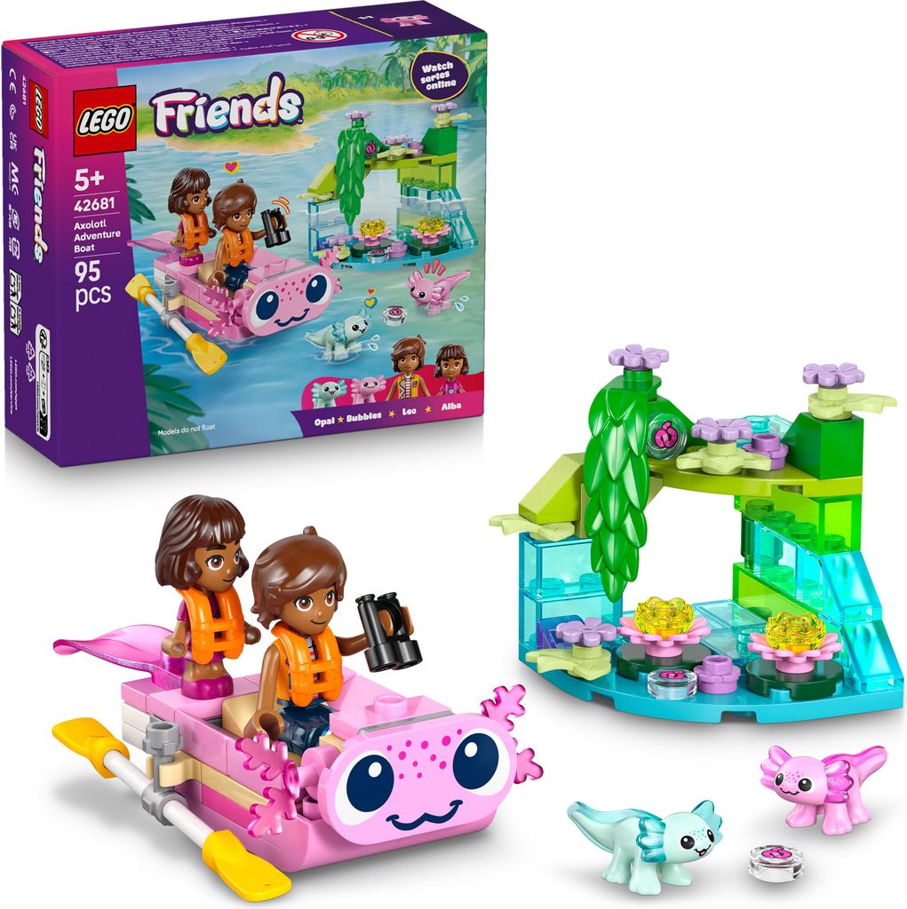 LEGO Friends Axolotl-Abenteuerboot - inkl. 2 Mini Puppen, 2 niedlichen Tierfiguren, Pflanzen, Blumen & Zubehör - Geburtstagsgeschenk für Mädchen...