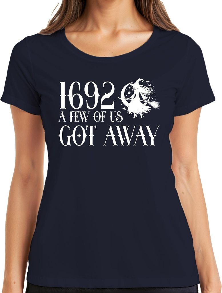 1692 A few of us got away Hexe Salem Halloween Besen Kostüm Spruch Damen T-Shirt, Navy, M