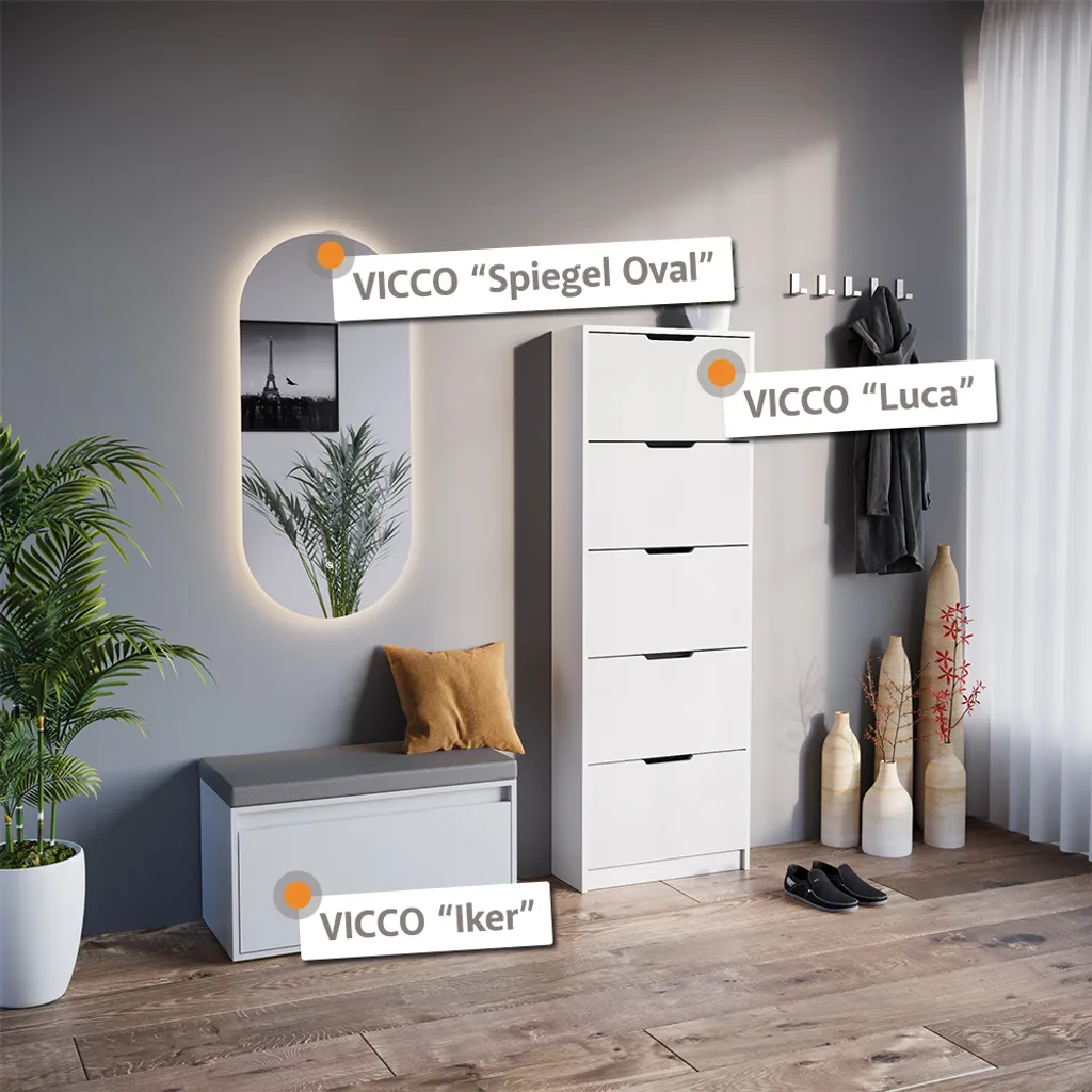 Banc de Rangement Chaussures Blanc Vicco Luca Ensemble Entrée Complet