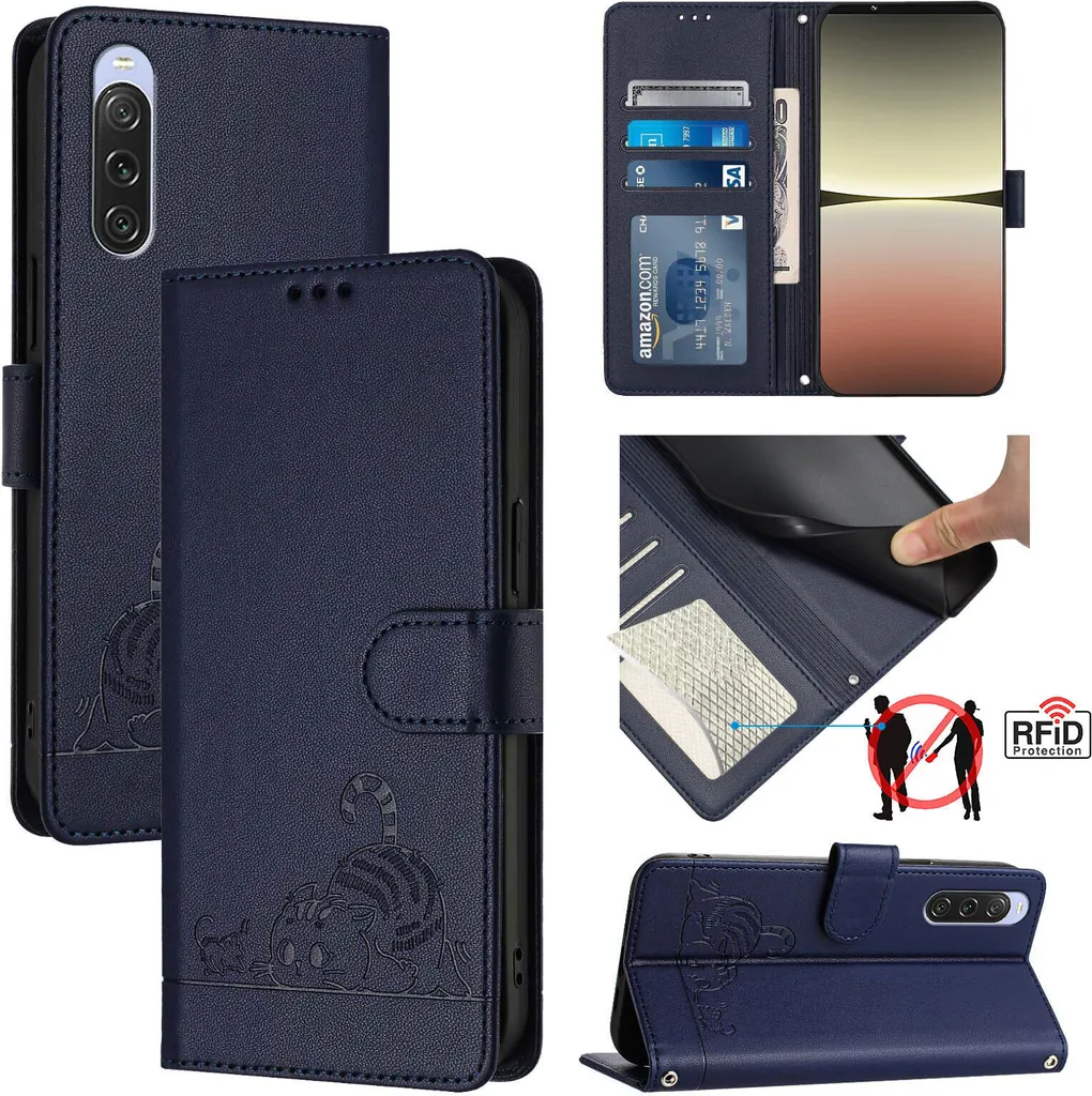 Custodia Anti-graffio Sony Xperia 10 V: Blu, Gatto e Portafoglio