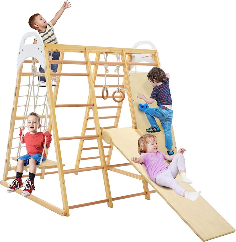 8 in 1 Kletterdreieck Kletterspielzeug mit Schaukel Leiter Rutsche Kletternetz Turnringe, Spielplatz Indoor Klettergerüst aus Holz zum Rutschen & Klettern für Kinder ab 3 Jahren (Natur)