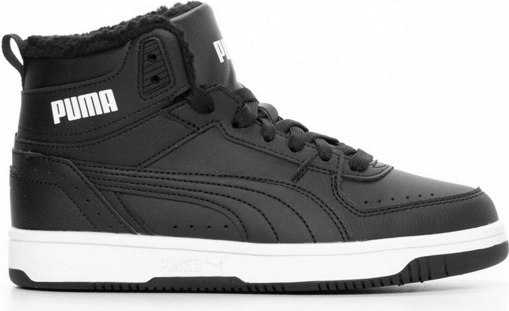 A black Puma high-top sneaker with a white sole, shown from the side against a white background.
