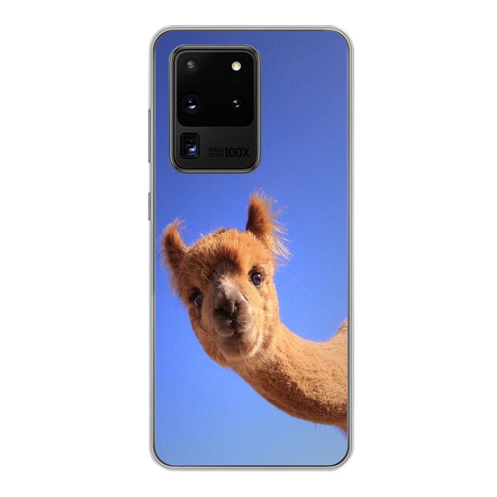 MuchoWow Handyhülle Schutzhülle Hülle für Samsung Galaxy S20 Ultra Alpaka - Braun - Blau Silikon Softcase Handy Hülle - Karteninhaber
