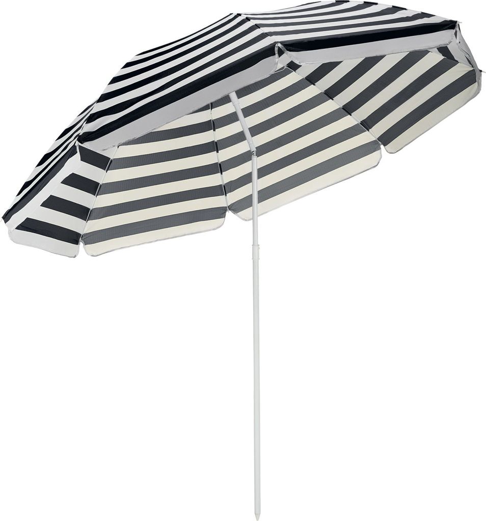 A striped beach umbrella with a white pole against a white background.