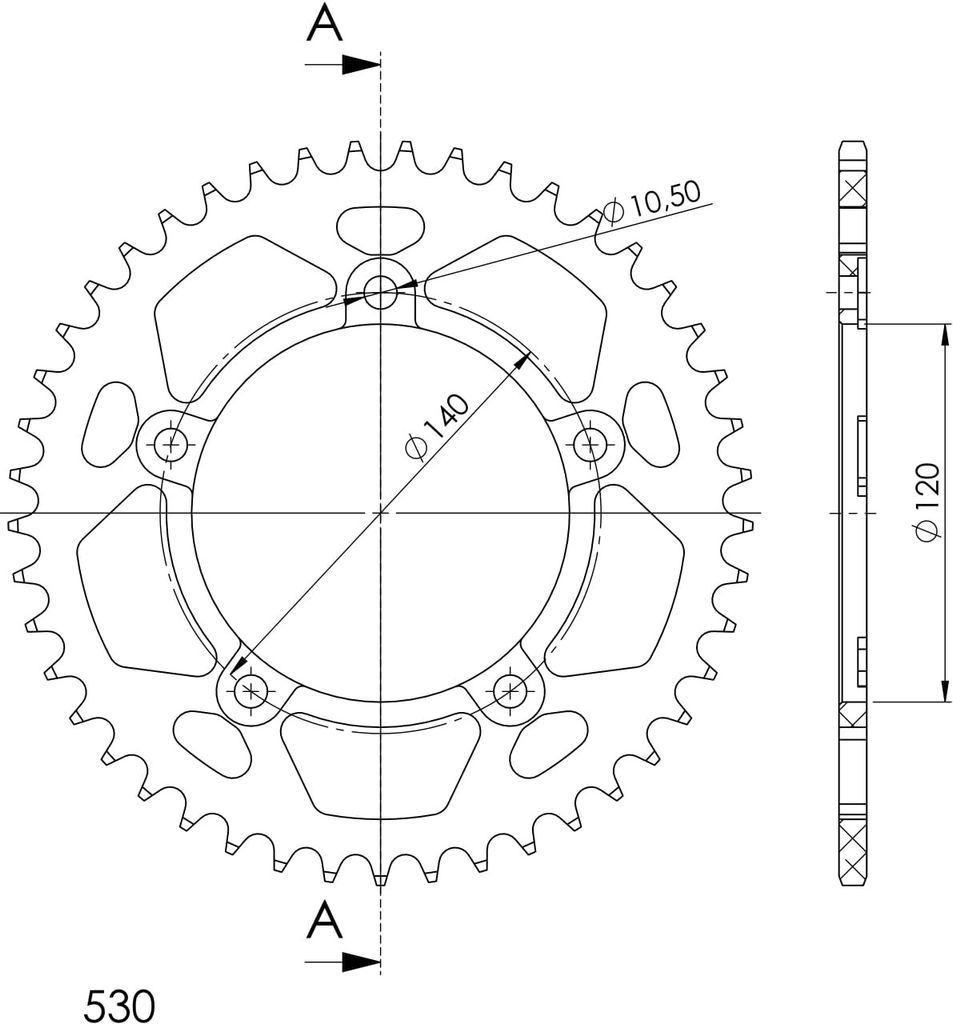 Supersprox Alu-Kettenrad 530 - 44Z (schwarz) RAL-1800:44-BLK|ID 120,0 LK 140,0 5-Loch/5-Loch