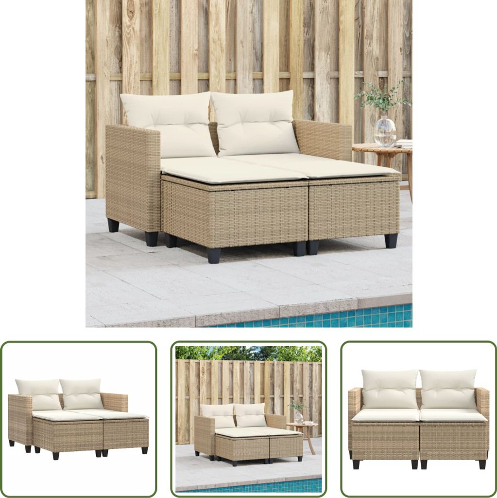 A collage of images showing a beige poly rattan 2-seater sofa with cushions, placed on a patio next to a swimming pool.