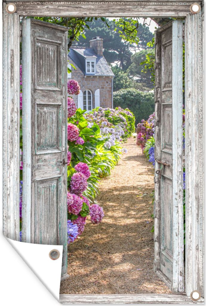 MuchoWow 40x60 cm Outdoor-Poster Gartendeko Sichtschutz Garten Poster für den Garten Durchsichtig - Hortensie - Blumen