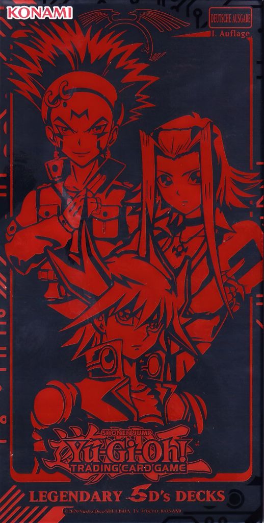 The image shows the packaging for the Yu-Gi-Oh! Legendary 5D's Decks, featuring stylized red illustrations of characters on a black background.