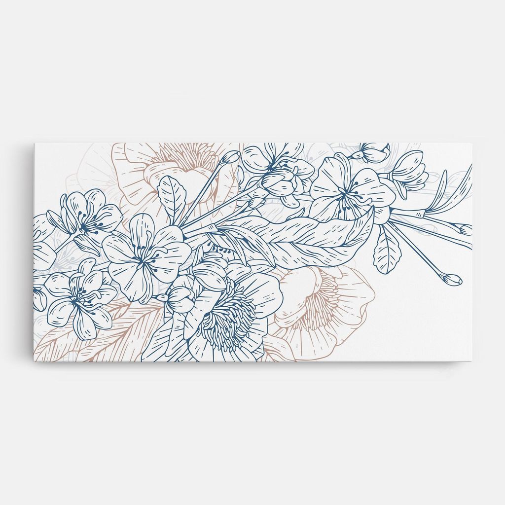 ARTHUB Leinwandbild 60x120 cm, Blue Cream Line | Wohnzimmerdekoration, Hängende Bilder, Wanddekoration, Heimdekoration, Blumen, Gezeichnete Blumen