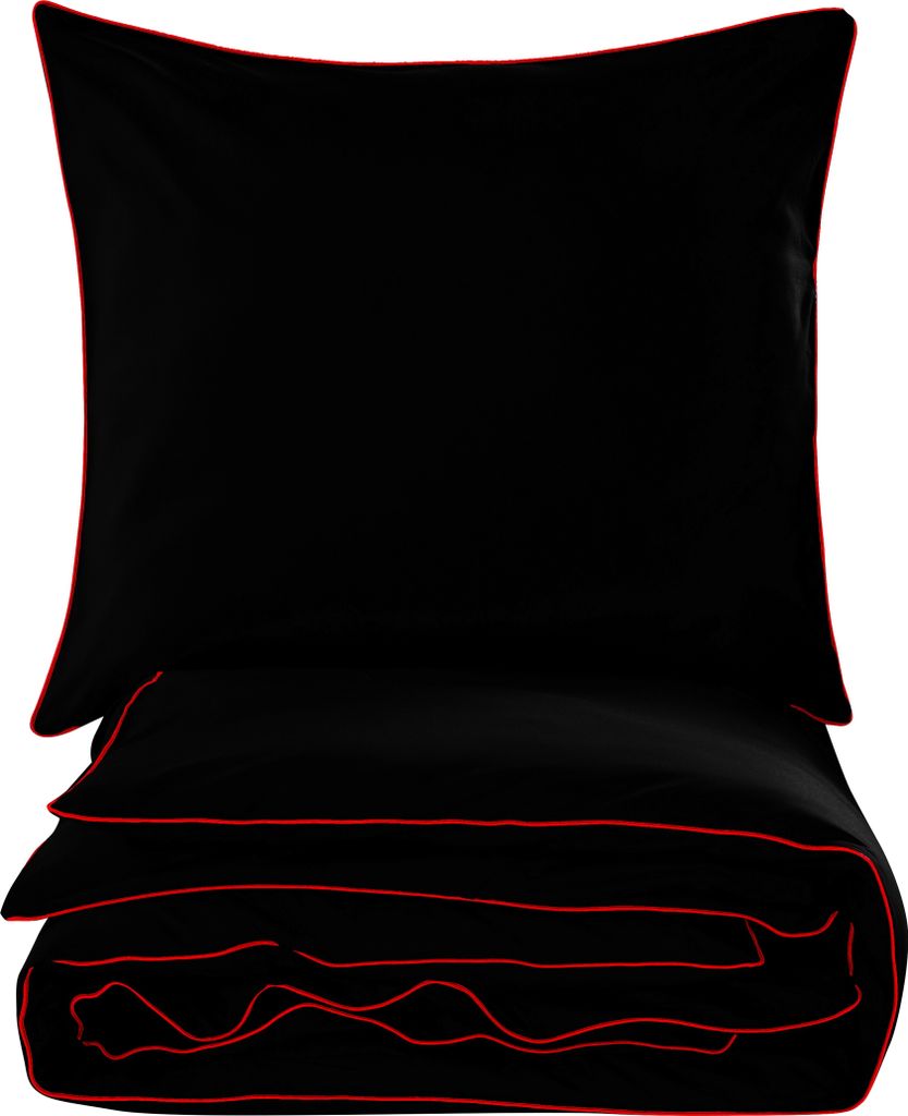 A black duvet cover and pillowcase set with red trim, neatly folded and stacked against a white background.