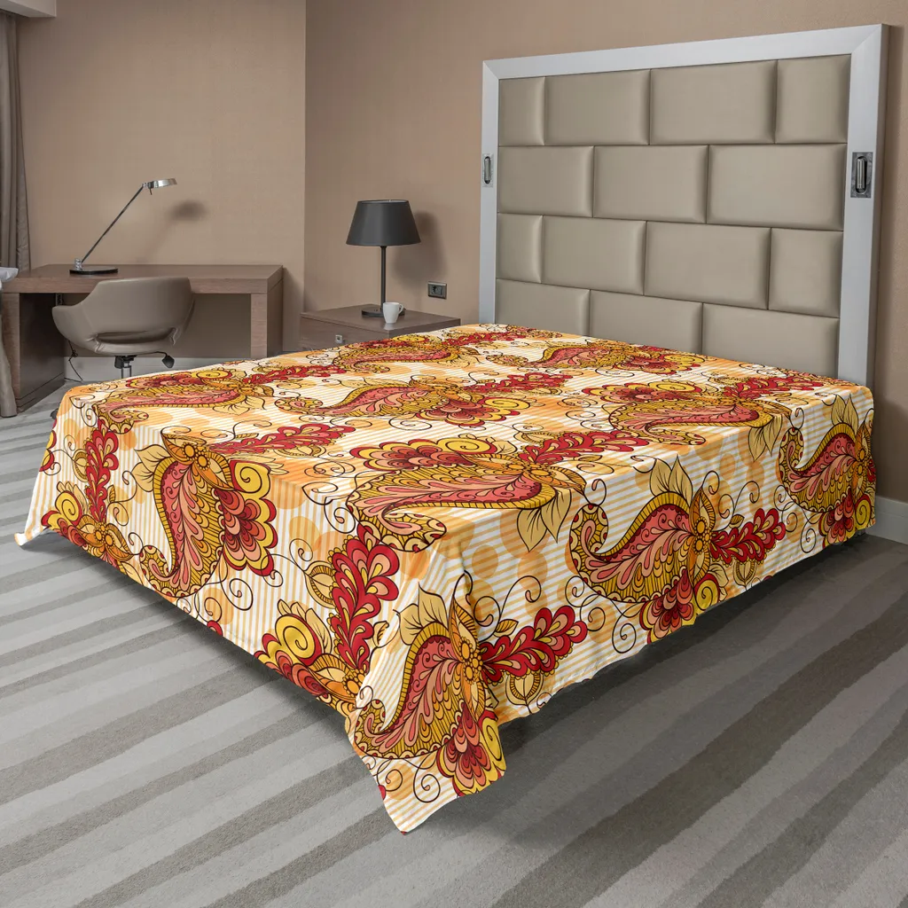 Grand drap de lit décoratif style asiatique 275x260 cm orange jaune