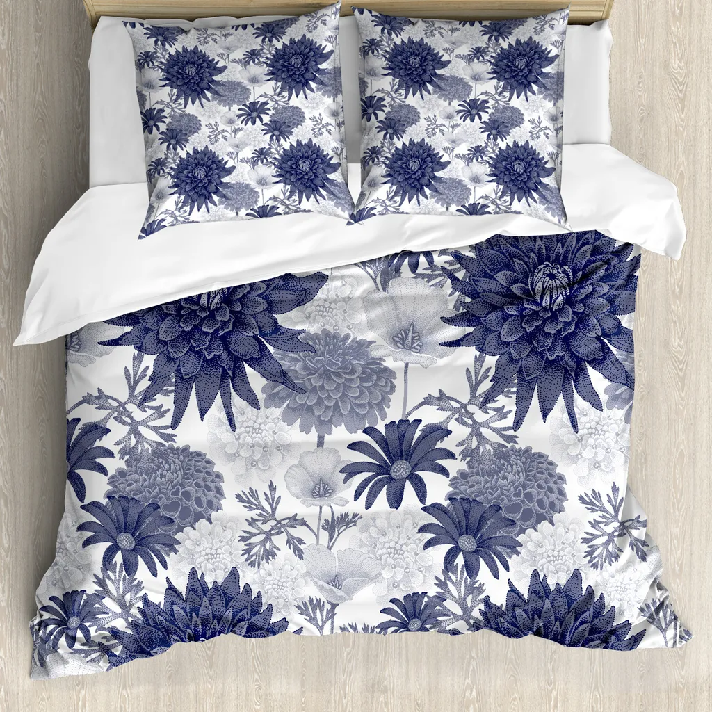 ABAKUHAUS Set copripiumino vintage per letti matrimoniali, giardino fiorito, antiacaro, adatto a chi soffre di allergie, con federe, bianco e blu