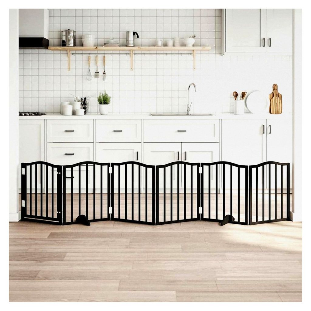 6-teiliges Hundetor mit Tür, faltbar, Schwarz, 300 cm, Pappelholz, freistehendes Hundegitter, modularer Haustierzaun für Türen, Treppen, Flure, ...