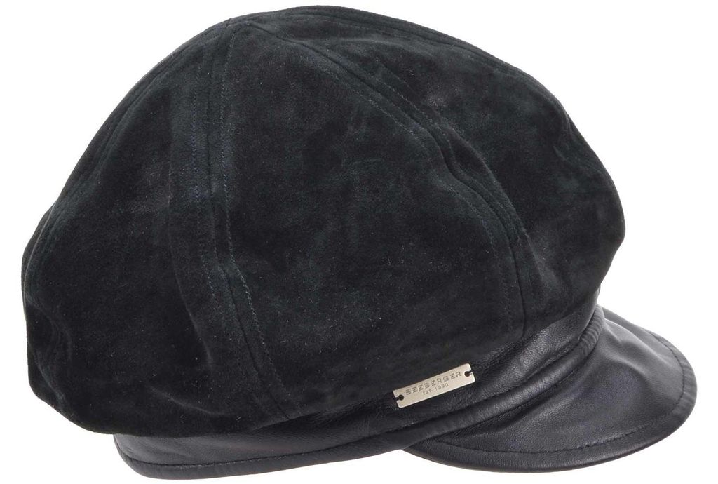 Seeberger weiche Velour- & Glattleder Ballonmütze 100% Leder in schwarz