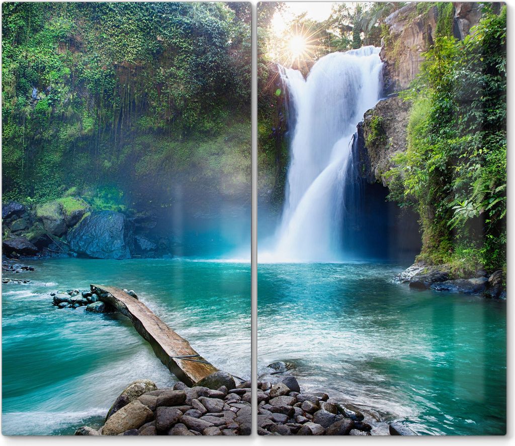 DEQORI Herdabdeckplatte Glas 2-tlg 'Tegenungan Wasserfall' Herd Abdeckung Küche