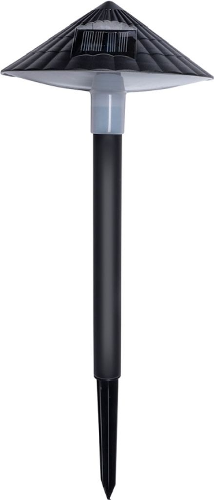 A black solar garden light with a conical shade and a pointed stake for insertion into the ground.