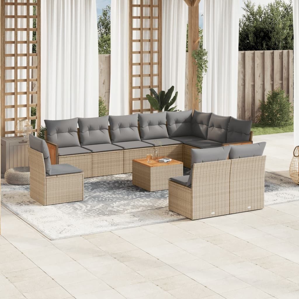 Design 11-tlg. Garten-Sofagarnitur mit Kissen Beige Poly Rattan, Gartenmöbel-Sets 2024 Neu