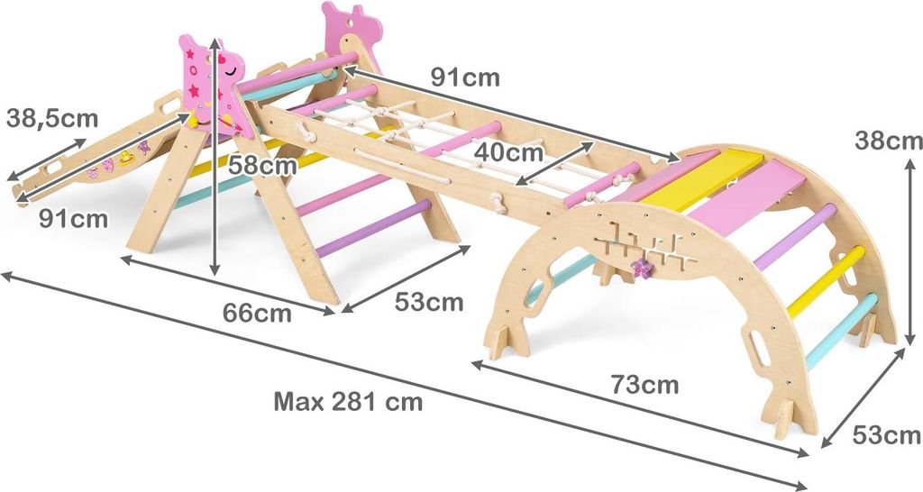 GOPLUS Klettergerüst, 4er Set Kletterspielzeug mit Kletternetz, Kletterbogen, Wippe & Leiter, inkl. Baustein Set, Kletterdreieck für Kinder, Einhorn