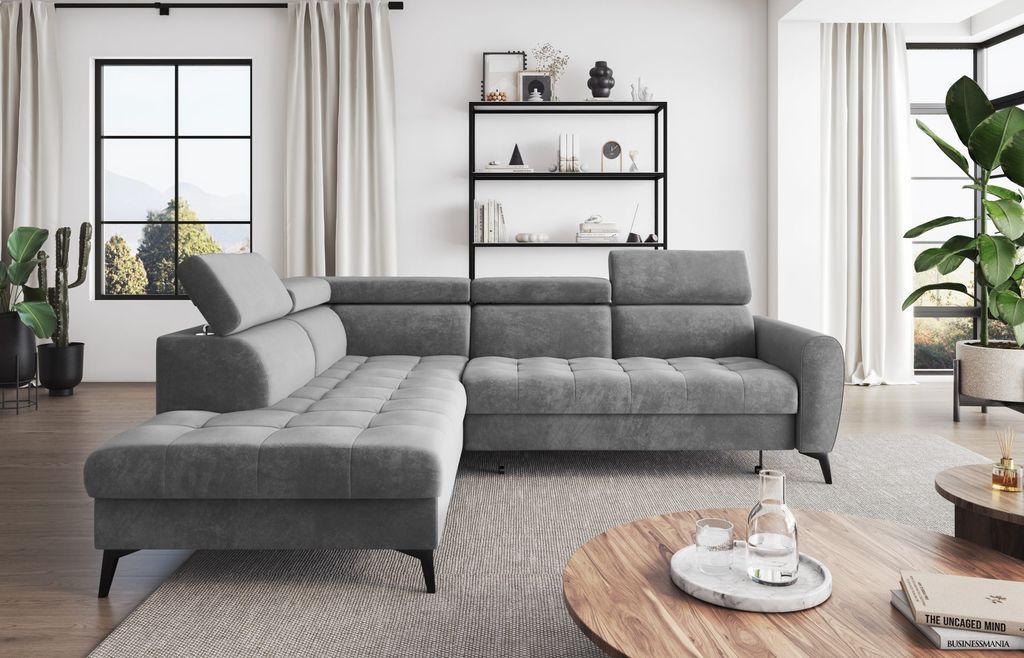 Easy4You Ecksofa BJORN Velvet L-Form Grau – 260x101x215 cm - Schlafsofa mit Bettkasten und Schlaffunktion - Eckcouch mit Stauraum - Verstellbare ...