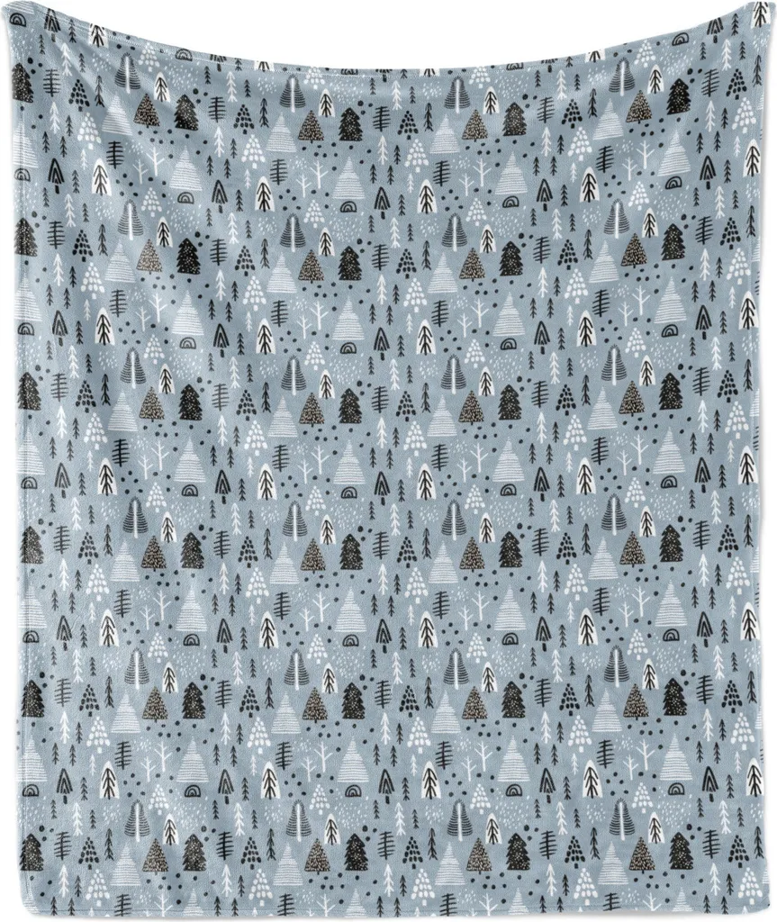ABAKUHAUS Coperta morbida in flanella e pile con motivo natalizio, divertenti disegni di alberi con tratti e strisce, 175 x 230 cm, grigio blu grigio
