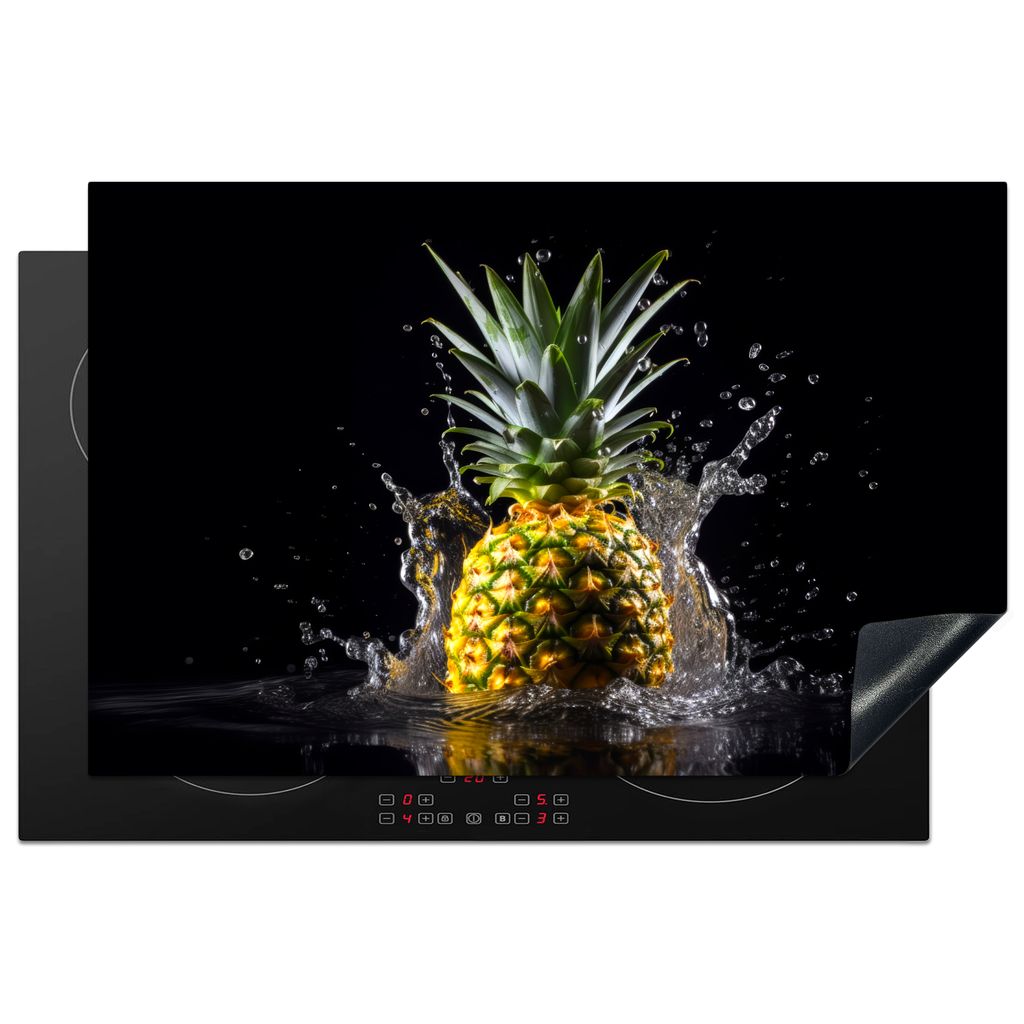 KitchenYeah Herdabdeckplatte Ananas - Obst - Wasser - Pflanzen - Schwarz , 81x52cm, Küche Deko, Glaskeramikkochfeld Herdabdeckung, Abdeckplatte ...